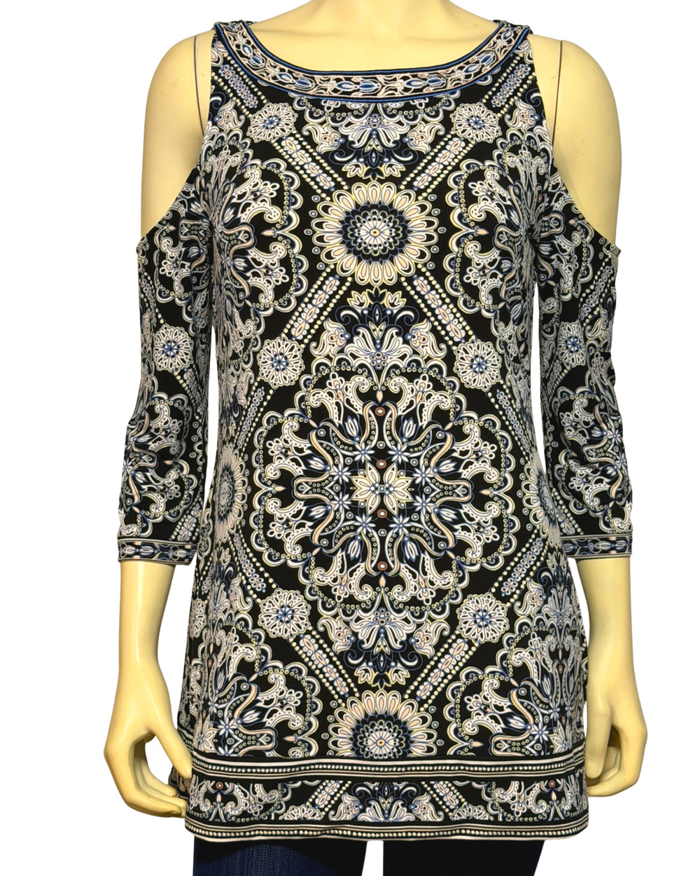 WHBM Sz S Blue Paisley Cold Shoulder Jersey Knit Pullover Top Baroque Print